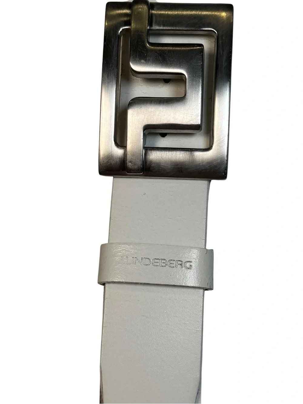 Vintage J Lindeberg Wide White Leather Golf Belt Oversized Logo Buckle Sweden 34